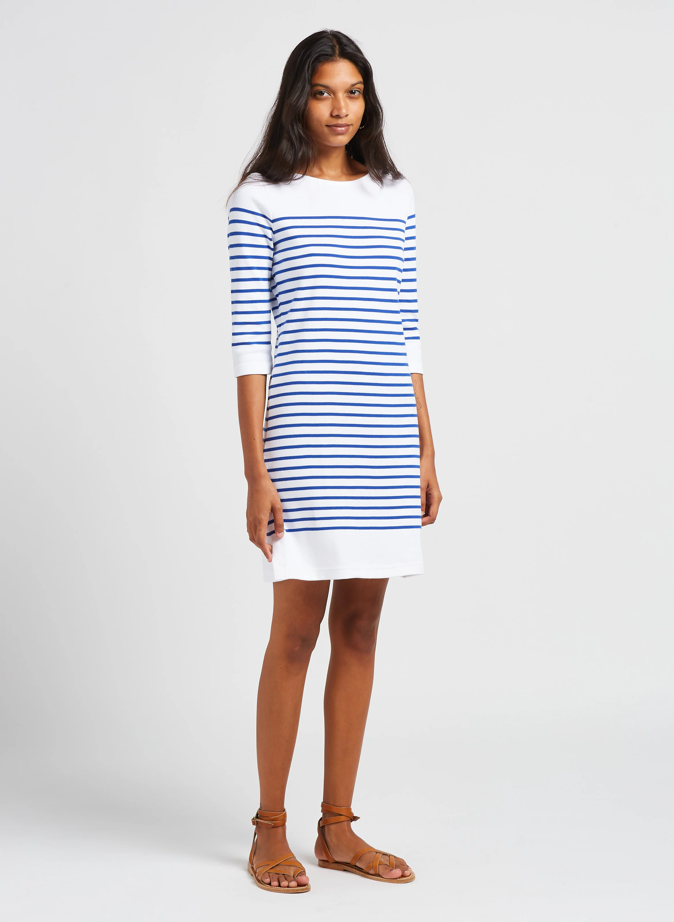 Robe col rond en coton rayé | Blanc