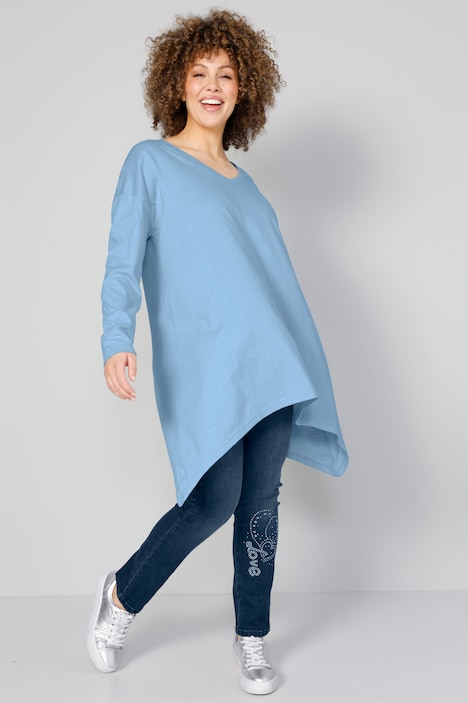 T-Shirt, oversized, V-Ausschnitt, Langarm, Zipfelsaum