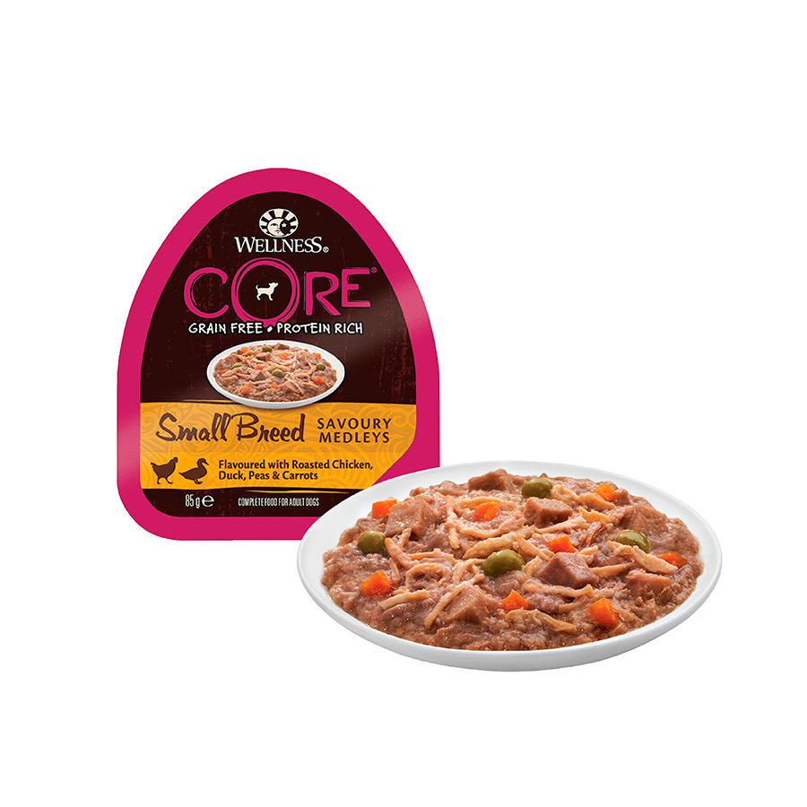 Pote de 85g de ração para cães Wellness Core para raças pequenas, sem grãos, com frango e pato