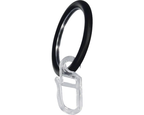 Ronde gordijnring met haak en glij-inzetstuk voor Rivoli, zwart, Ø 20 mm, 10 stuks.