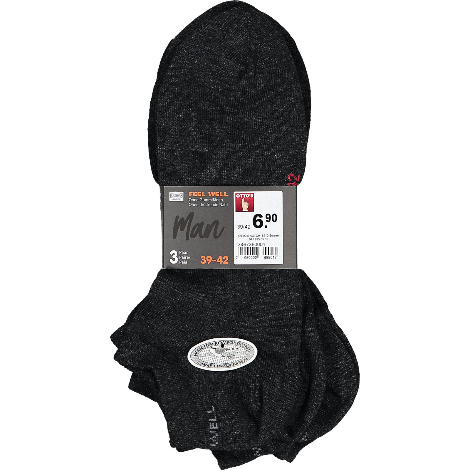 Feel Well Herren-Sneakersocken uni, 3 Paar 43-46, anthrazit
