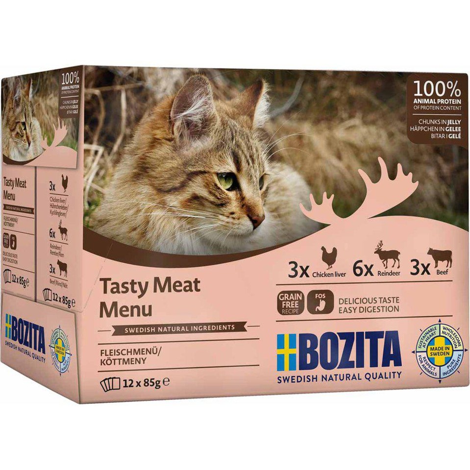 Bozita -Kattemad i gele 12x85gr blandet3x Kyllingelever, 3xRensdyr, 3xOksekød, 3xElg i Multibox 1,02 kg