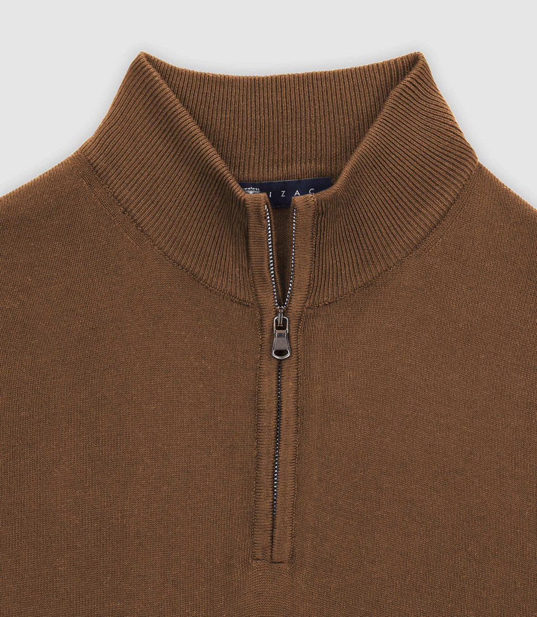 Pull col demi zip camel