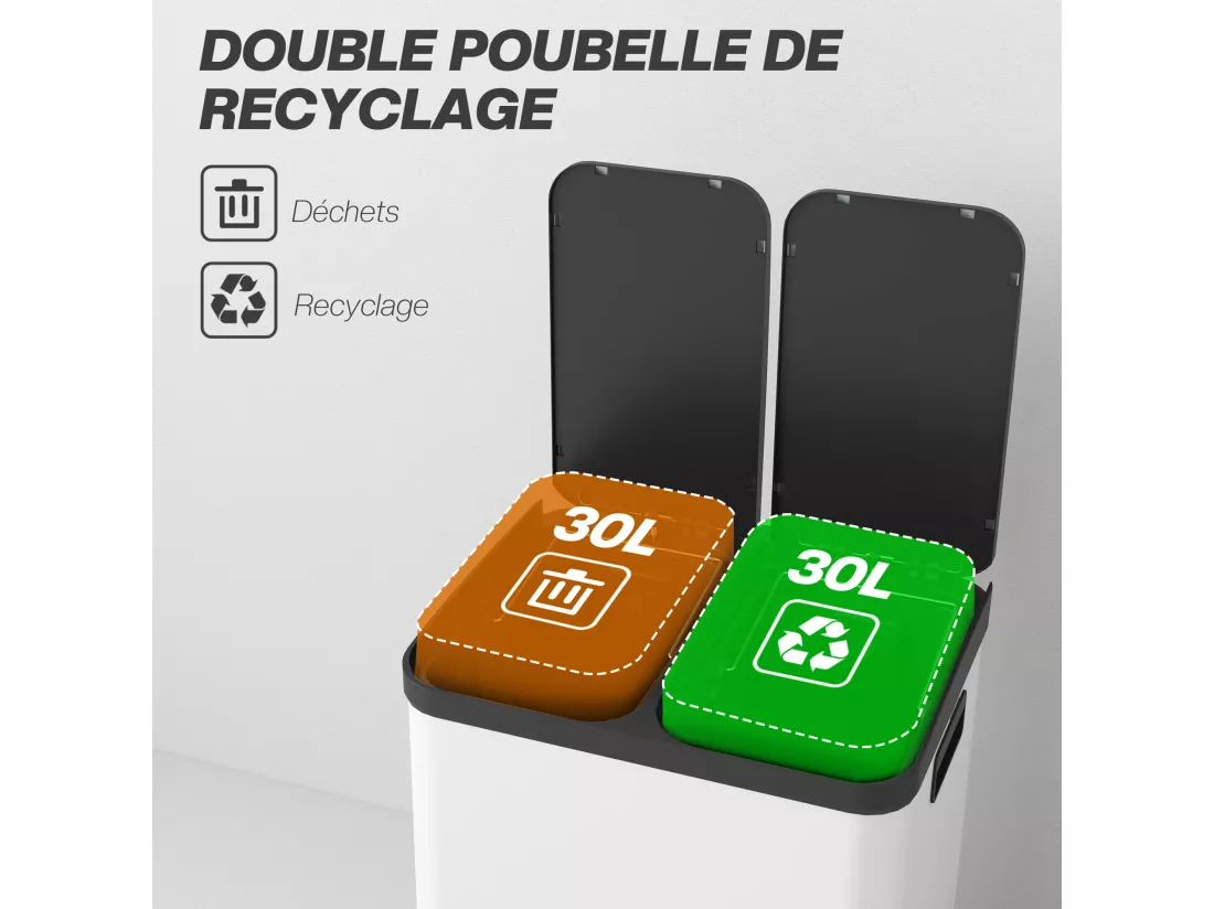Poubelle de cuisine 2 x 30L - poubelle à pédale 2 compartiments seaux amovibles - acier inox. blanc