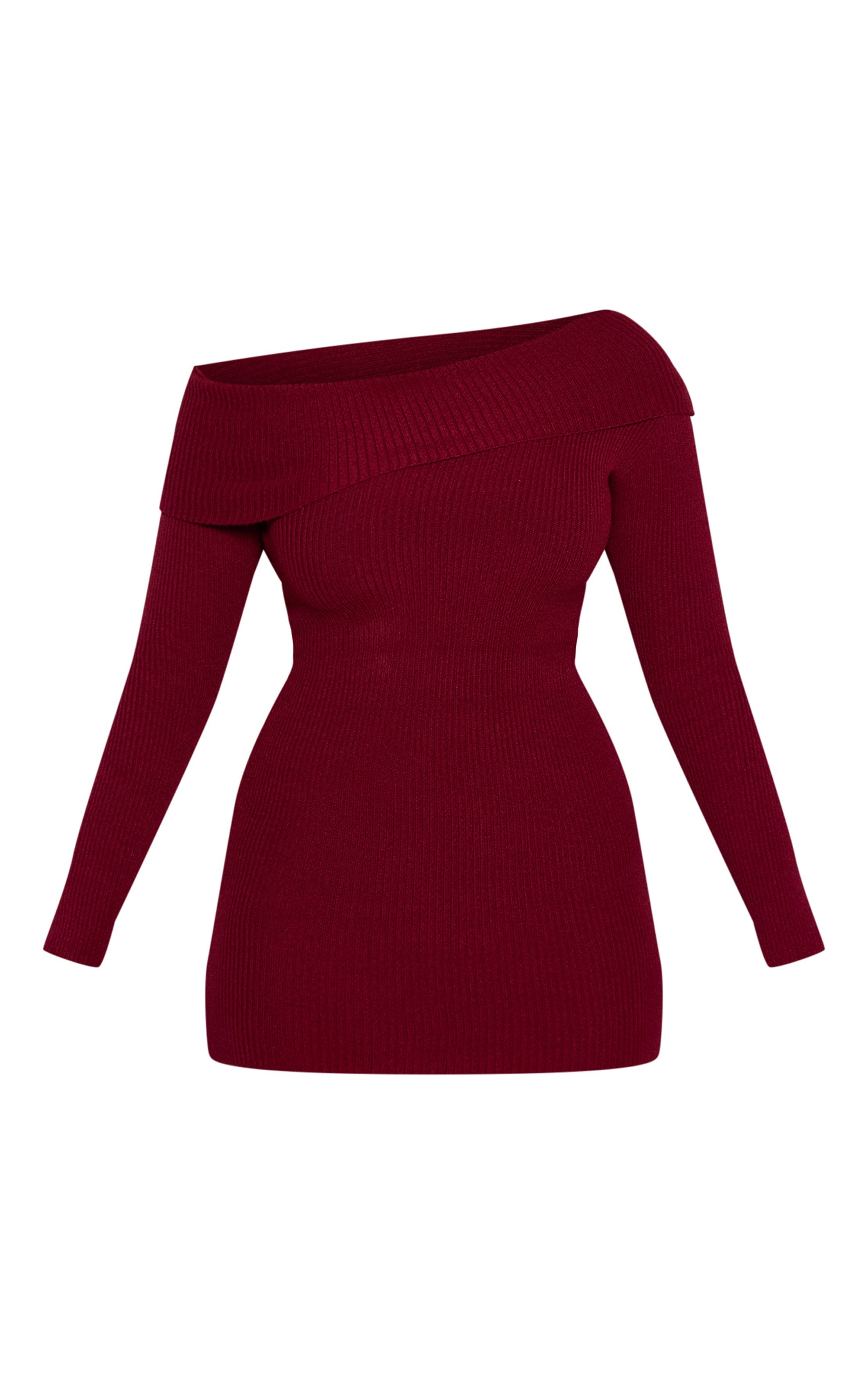 Rouge Bordeaux Robe Moulante En Maille Shape Bordeaux À Épaules Dénudées Avec Col Replié