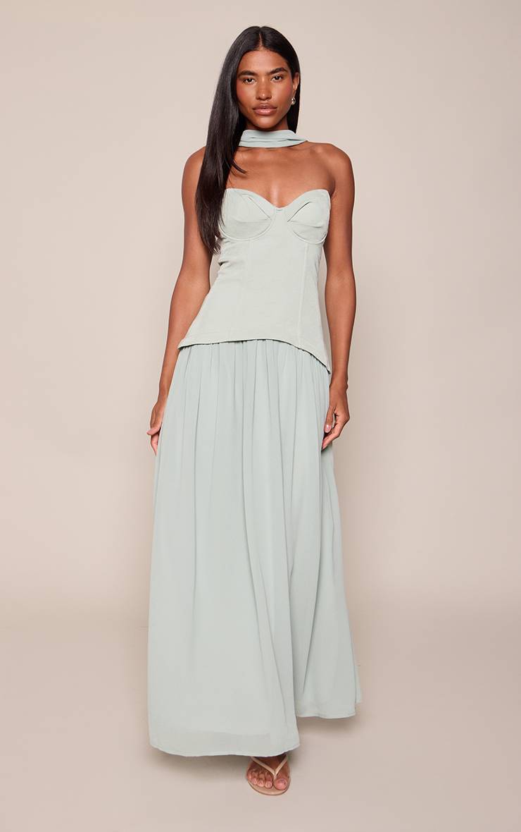 Vert Sauge Robe Longue À Superposition Corset Et Ourlet Plissé