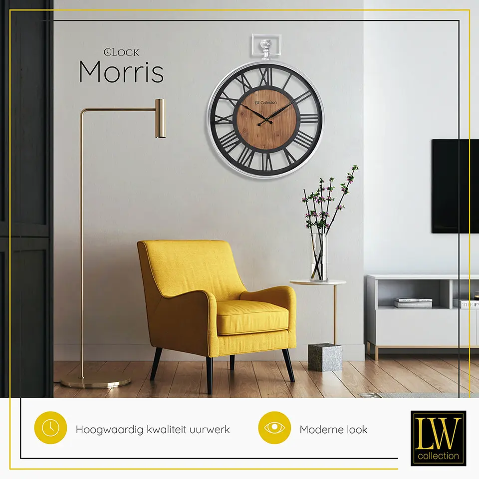 LW Collection Wandklok Morris zwart hout en zilver 60cm
