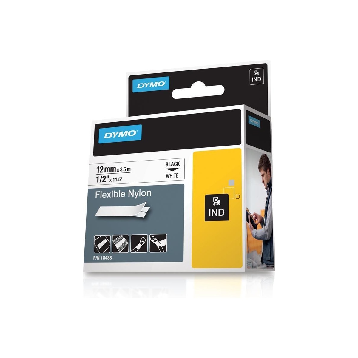DYMO RhinoPRO merketeip fleks nylon 12mm, svart på hvitt