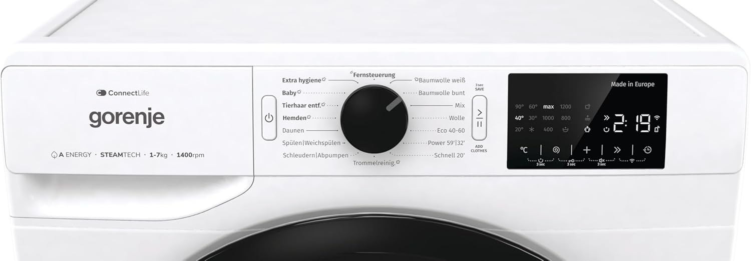 Gorenje WPNEI74A1TS Waschmachine mit Dampffunktion/ConnectLife / 7Kg / 1400 U/min / 15 Programme/Totaler AquaStop/WaveActive Trommel/ExtraHygiene/PowerWash/Schnell Waschgang/EEK: A-10%