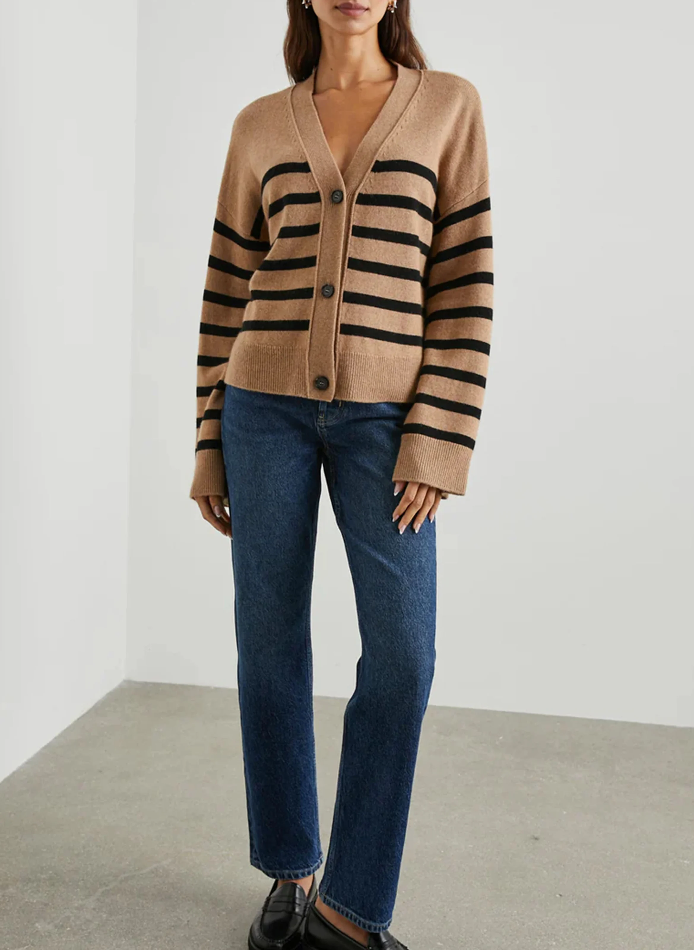 GENEVA - Gilet col V rayé en coton | Beige