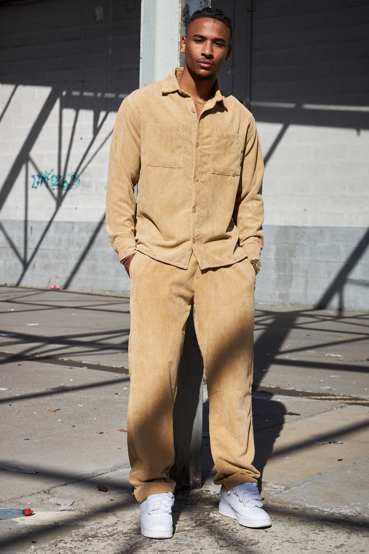 Ensemble 2 pièces chemise + pantalon en velours côtelé beige foncé