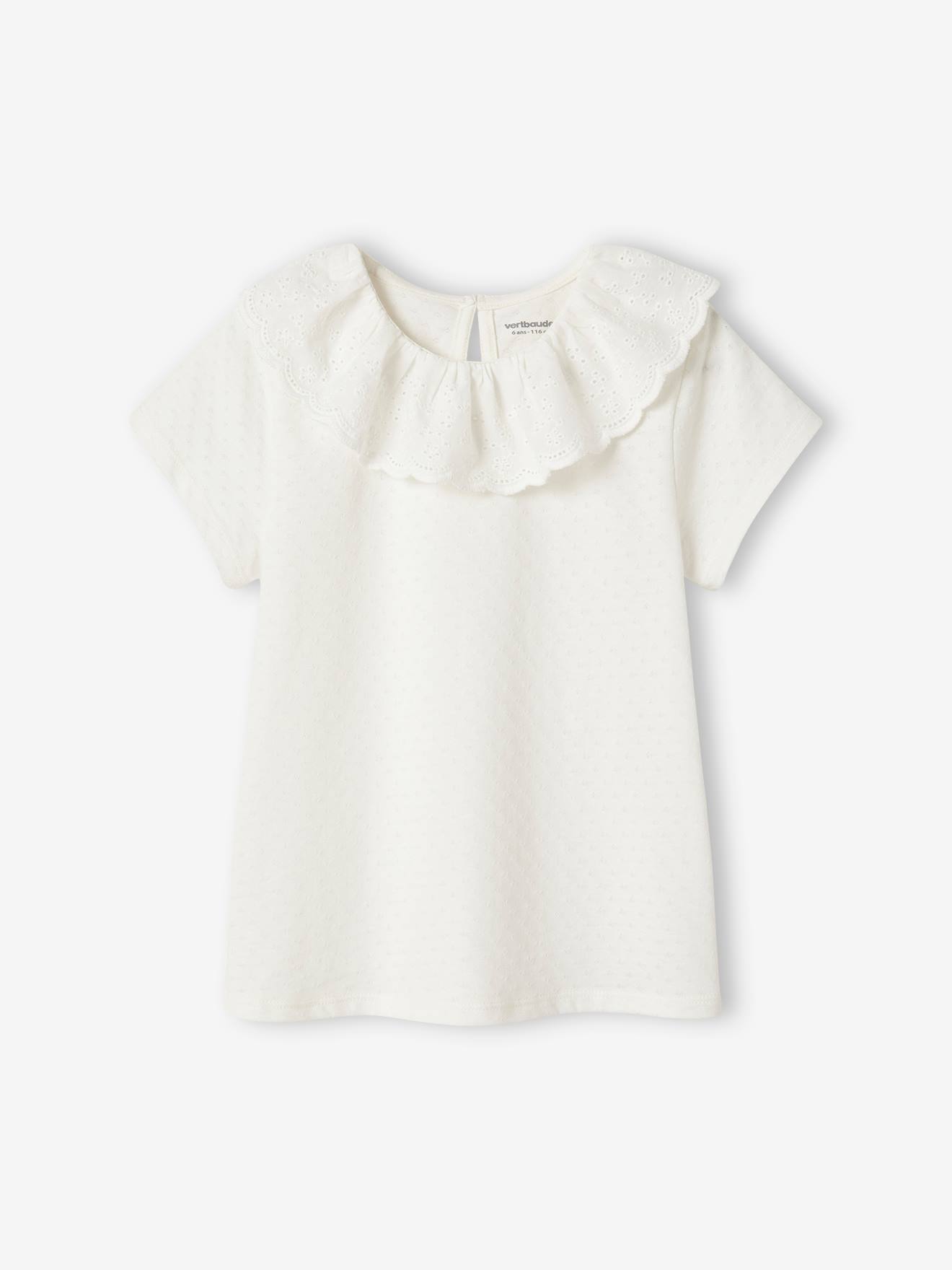 Camiseta off-white com gola bordada em estilo inglês para meninas