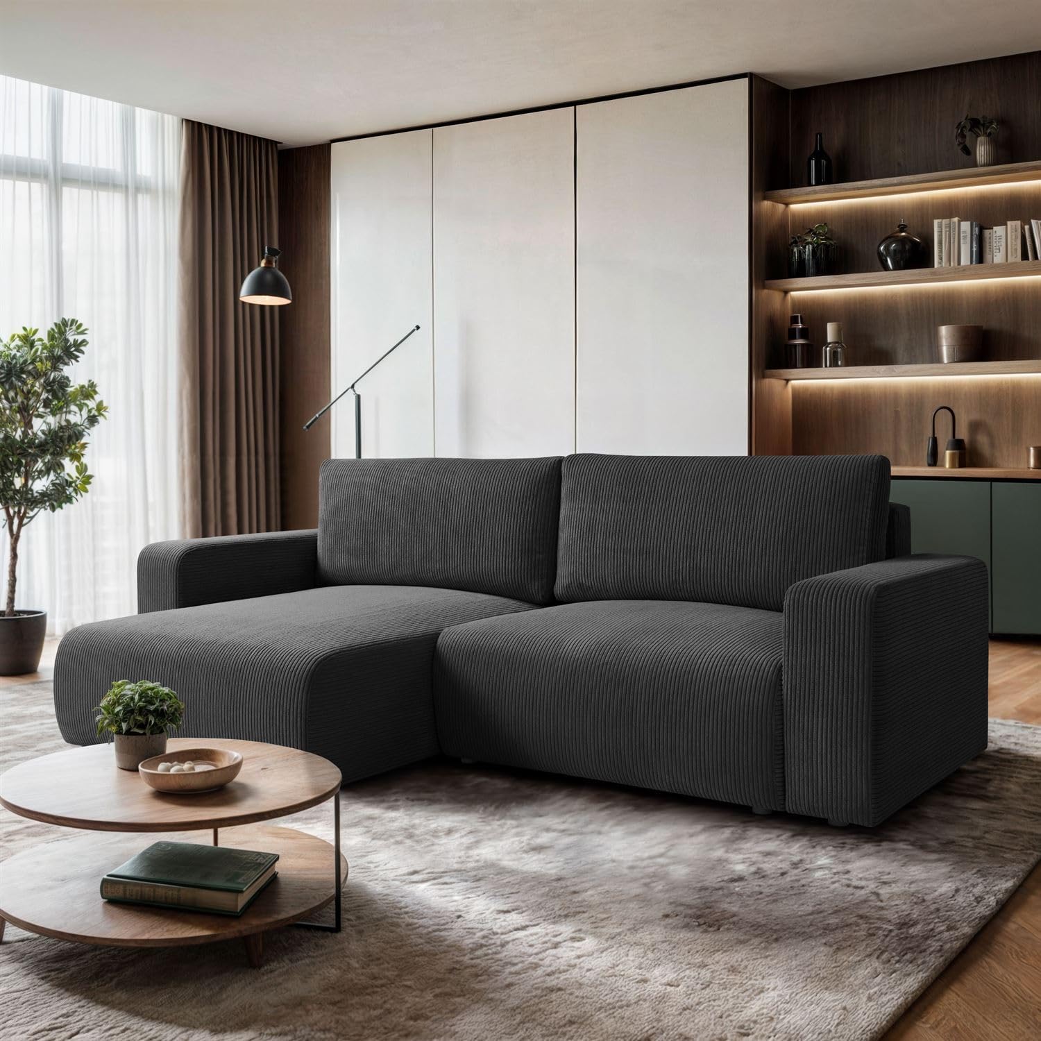 Lookway Ecksofa Opera mit Schlaffunktion und Bettkasten, universaler L-Form Schlafsofa mit Liegefläche 125x205 cm, Wohnzimmer Sofa (Dunkelgrau - Poso 34)