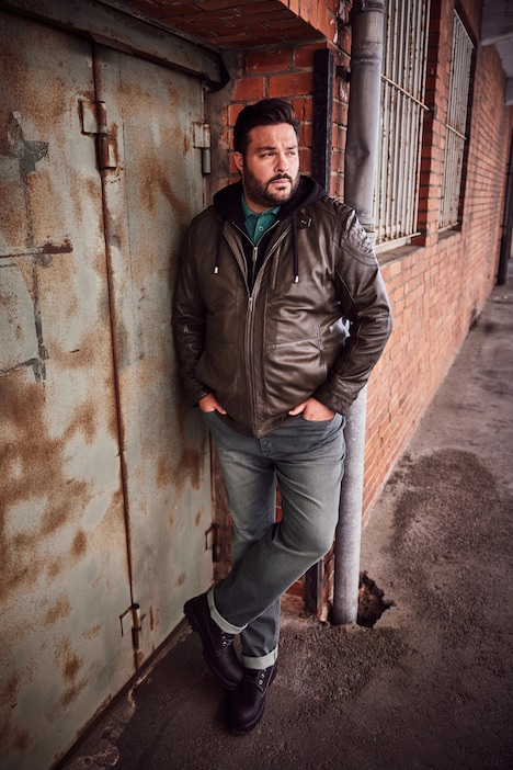 Men+ Lederjacke, Leder, Jersey-Kapuze, Zipper, bis 7 XL