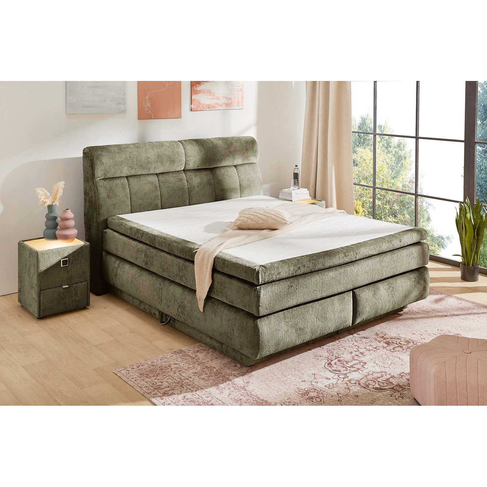Boxspringbett Queen Max Stoff Chenille 180 x 200 cm, mit Bettkasten grün