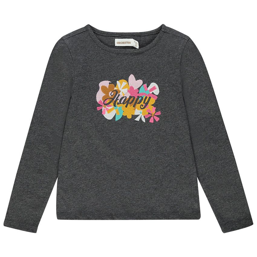 T-shirt manches longues à fleurs brodées pour enfant fille - Gris foncé