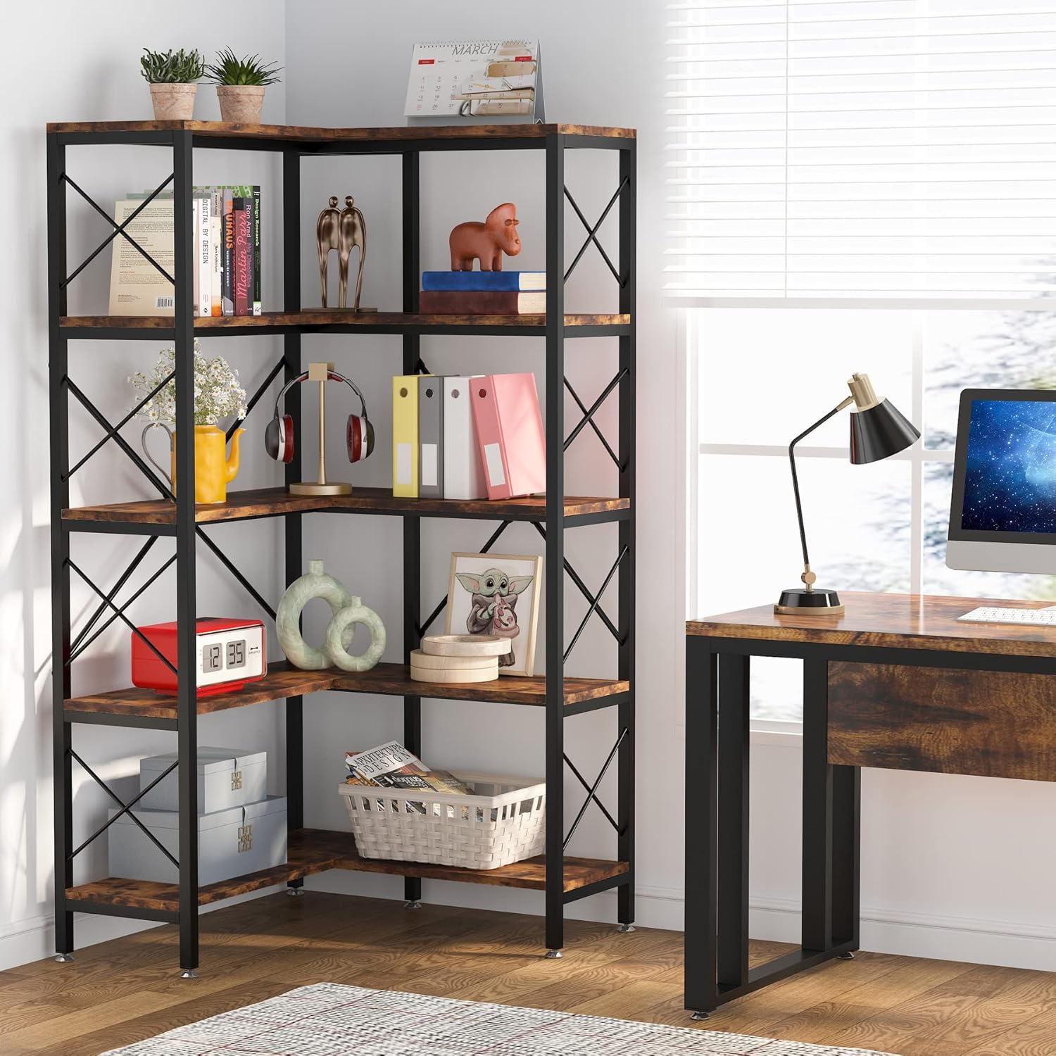 Tribesigns 5 Regal Eck-Bücherregal, großes modernes Eck-Bücherregal, 5-stöckiges hohes Eckregal, Aufbewahrungsregal mit Metallrahmen für Wohnzimmer, Heimbüro (Braun)