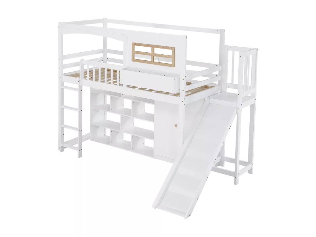 Lit mezzanine en bois et MDF - 90x200 cm - avec étagères、armoire et toboggan - Blanc