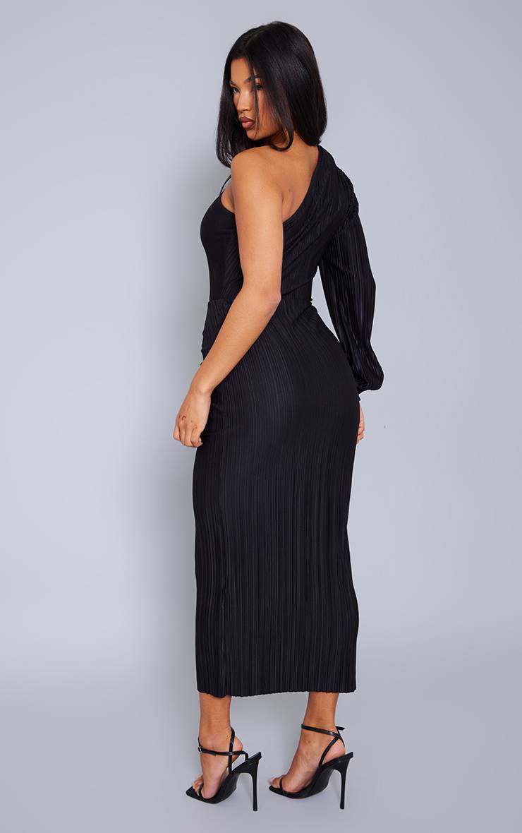 Noir Robe Mi-longue Plissée Asymétrique À Une Épaule Et Fronces