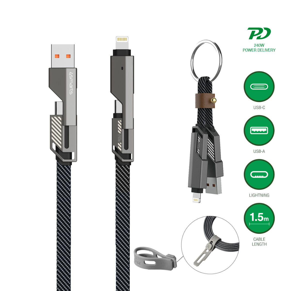 (1.5m) 240W 4in1 USB C / USB A auf USB C / Lightning Nylon Ladekabel Datenkabel mit Schlüsselanhänger Ladekabel (541456) - Schwarz