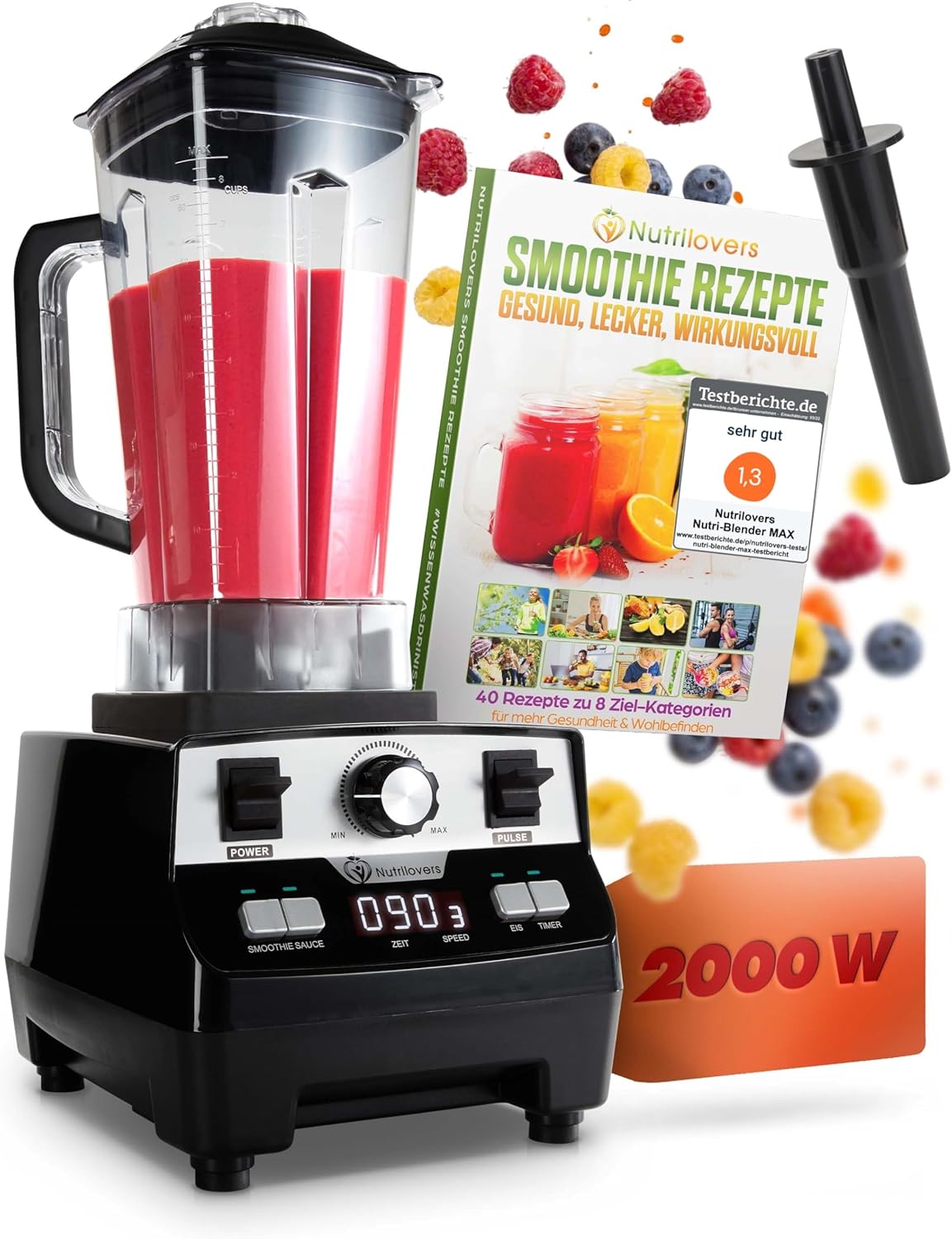 NUTRI-BLENDER MAX Hochleistungsmixer 2000W Standmixer Smoothie Hochleistung Smoothie-Maker Profi Mixer Blender - 2L Tritan, BPA-FREI, 9 Stufen, Digital-Timer Inkl. Smoothie Rezeptbuch