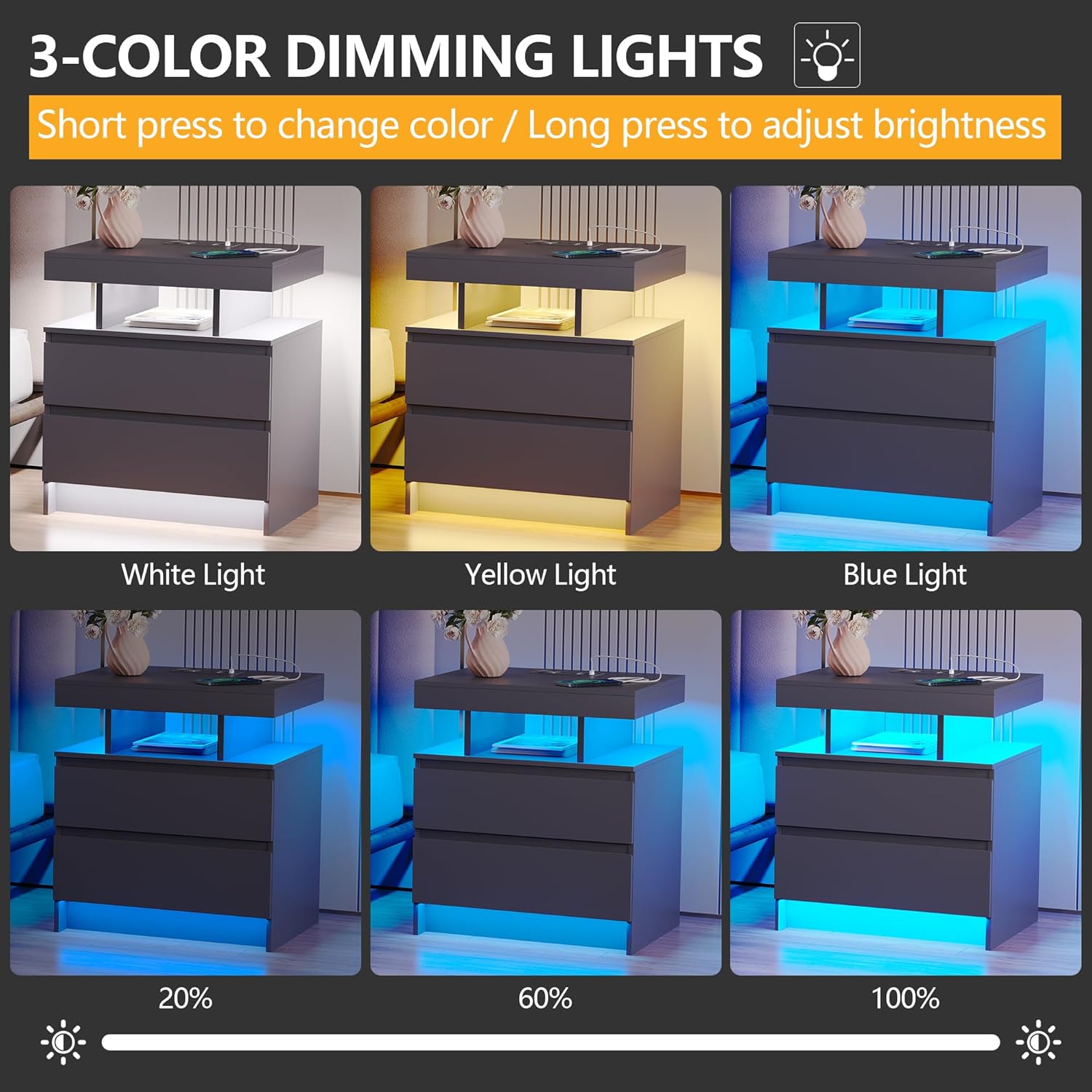 Vlsrka LED Nachttisch mit Ladestation, Nachttisch mit 3 Farben Licht, Smart Nachttische mit Drahtloses Laden, Nachtkästchen mit 2 Schubladen, Moderner Nachtschrank Schlafzimmer Wohnzimmer, Grau