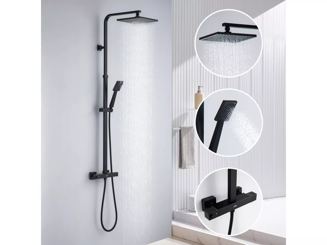 Colonne de Douche Thermostatique Noir,Hauteur Ajustable Ensemble Douche avec 2 Fonctions avec Mitigeur Thermostatique,SystemeDouche Pluie Salle Bain