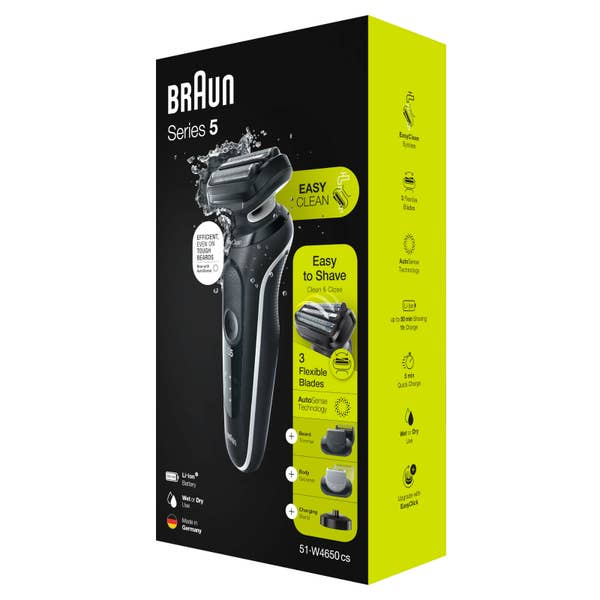 Braun Series 5 51-W4650cs Elektrorasierer für Herren mit 2 EasyClick-Aufsätzen, Ladestation, Weiß