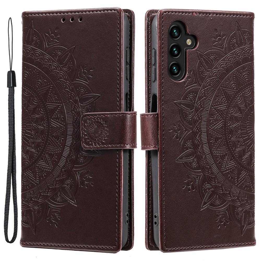 Samsung Galaxy A55 Leder Tasche Wallet - Mandala Flowers Imprint - Braun