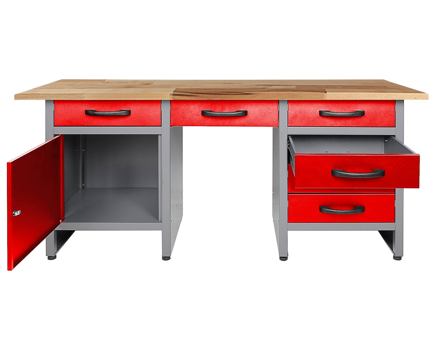 Ondis24 Harry werkbank, 160 cm, rood, 6 laden, 1 deur, werkplaatsuitrusting