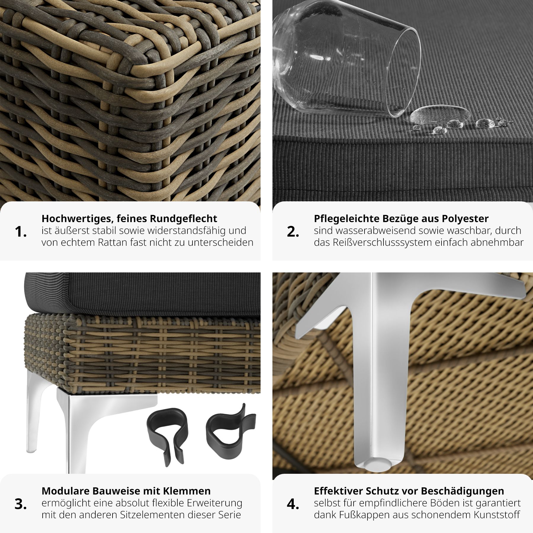 tectake® Modulares Rattanset, rechtes Eckelement mit Aluminiumgestell, hochwertiges Geflecht, 89 x 89 x 72 cm