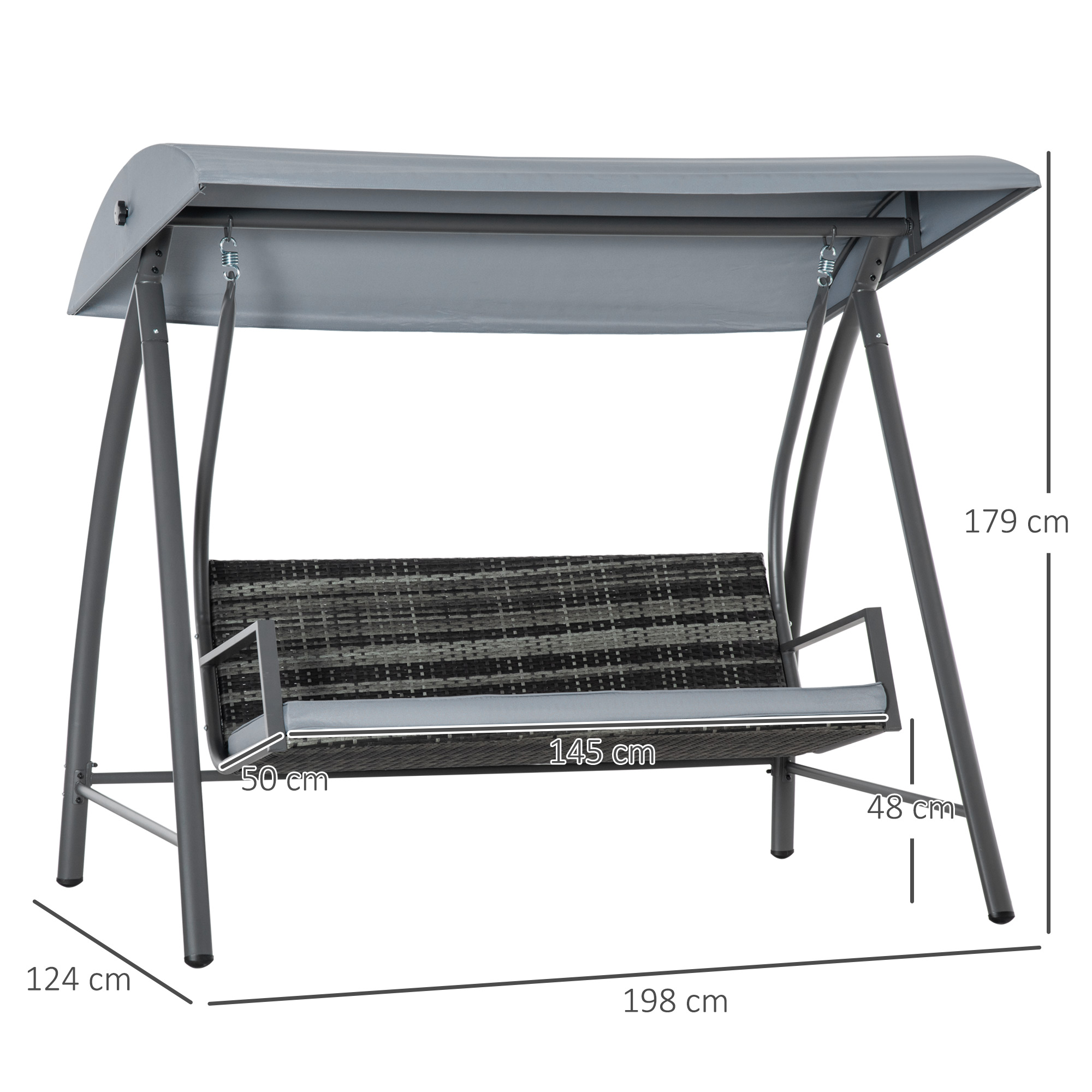 Cadeira de balanço de jardim Outsunny de 3 lugares em rattan com cobertura ajustável e almofada removível com zíper para uso externo em varandas e pátios, capacidade de carga de 360 kg, 198 x 124 x 179 cm, cinza