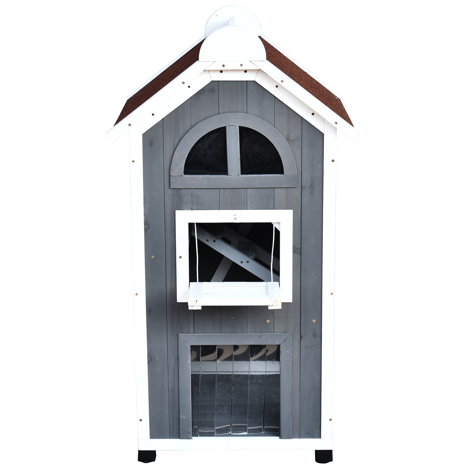 PawHut Katzenvilla mit Asphaltdach grau, weiß 59 x 55 x 109 cm (LxBxH)