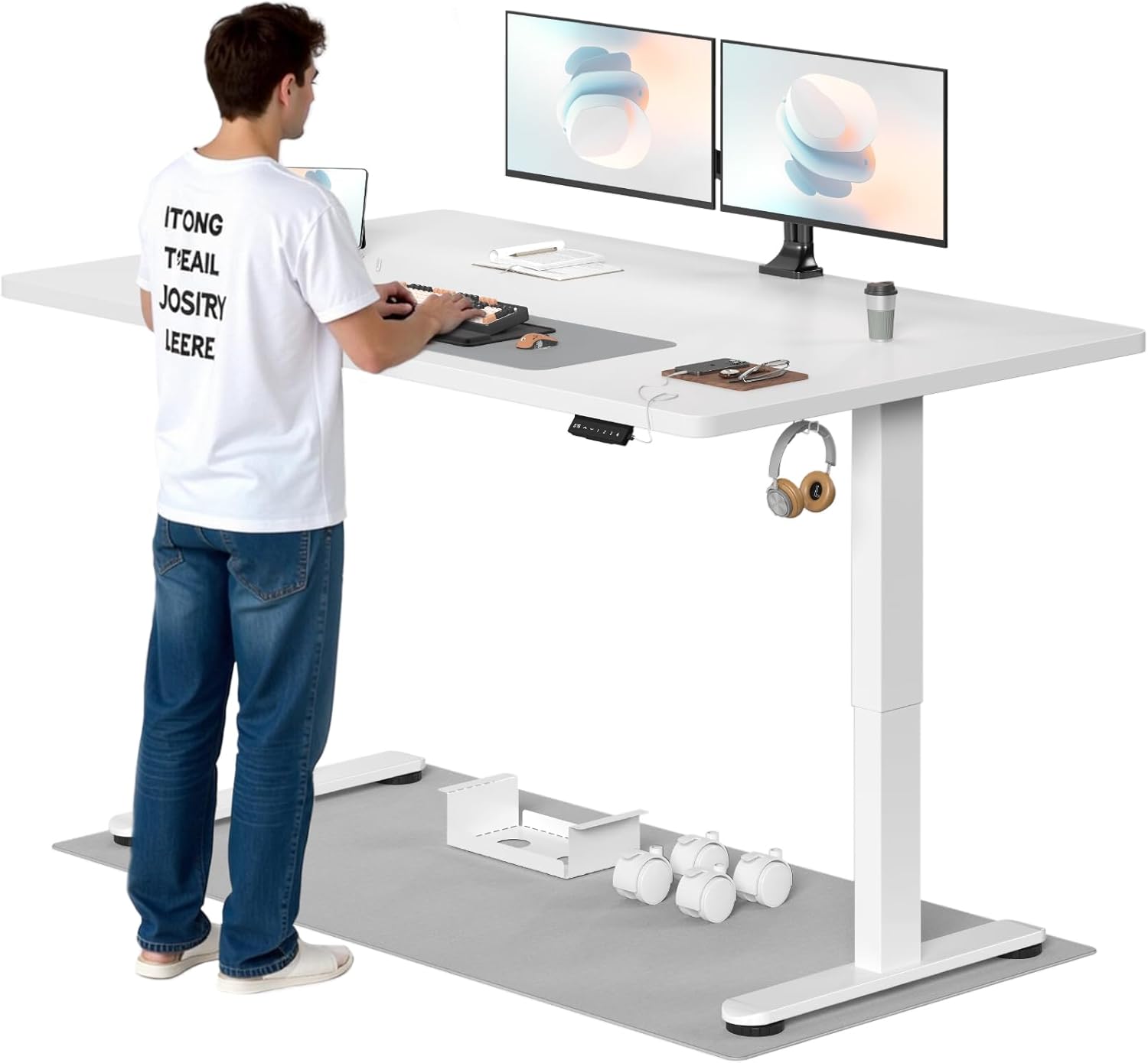 Höhenverstellbarer Schreibtisch, 180x80cm, Elektrisch Stehschreibtisch mit Dualmotor, Touchscreen,USB-A & Kabelmanagement,25mm Einteilige Tischplatte,ergonomischer Bürotisch, Weiß