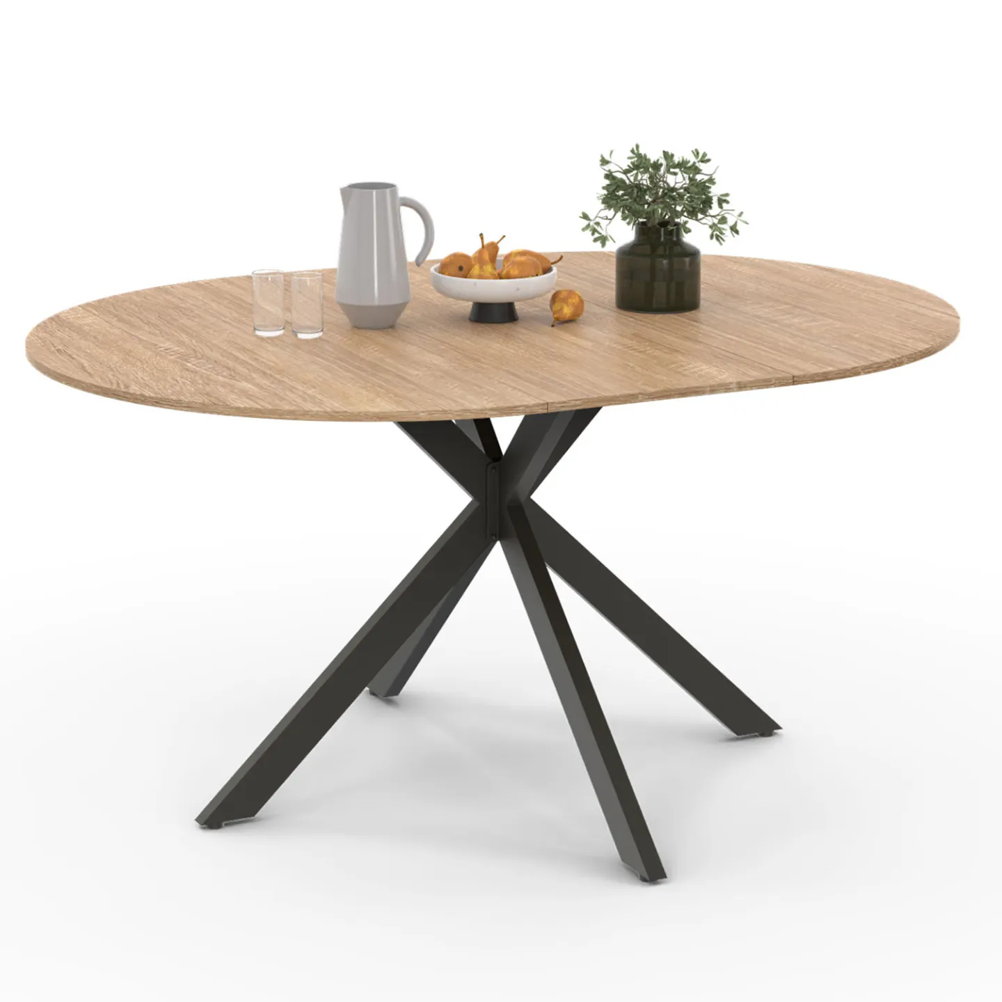 Table à manger extensible ronde ALIX 4-8 personnes pied araignée bois et noir 110-150 cm