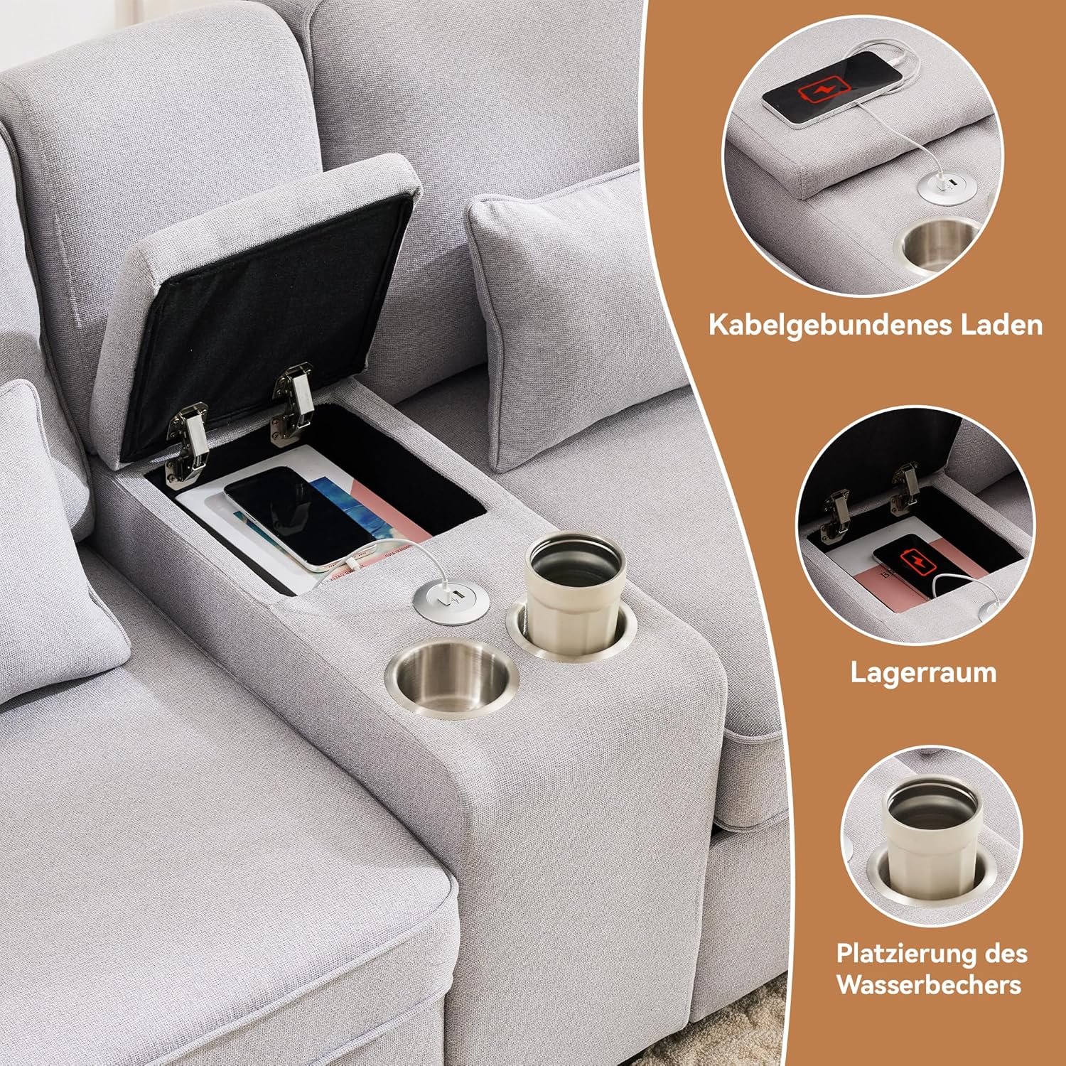 Kebnor Modernes 4-Sitzer-Sofa aus Leinenstoff mit Konsole, 2 Getränkehaltern, 2 USB-Anschlüssen zum Aufladen mit Kabel, mit Armlehnentaschen und 4 Kissen, einfaches Sofa für Wohnzimmer, Büro (Grau)