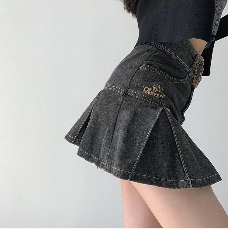 Bolgivy - Mini A-lijn denim rok met hoge taille en riem