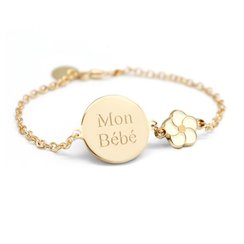 Bracelet chaine médaille fleur laquée plaqué or enfant - gravure MON BÉBÉ