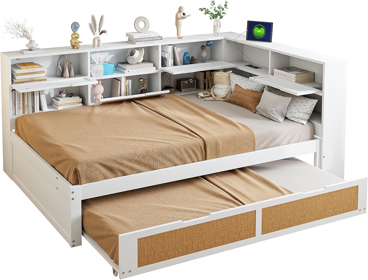 Tagesbett Schlafsofa 140x200, Holz Multifunktionsbett mit Ausziehbett 90x190 cm, USB-Steckdose und vielen Staufächern, Doppelbett Massivholzbett Kinderbett Daybett mit Lattenrost, Ohne Matratze, Weiß