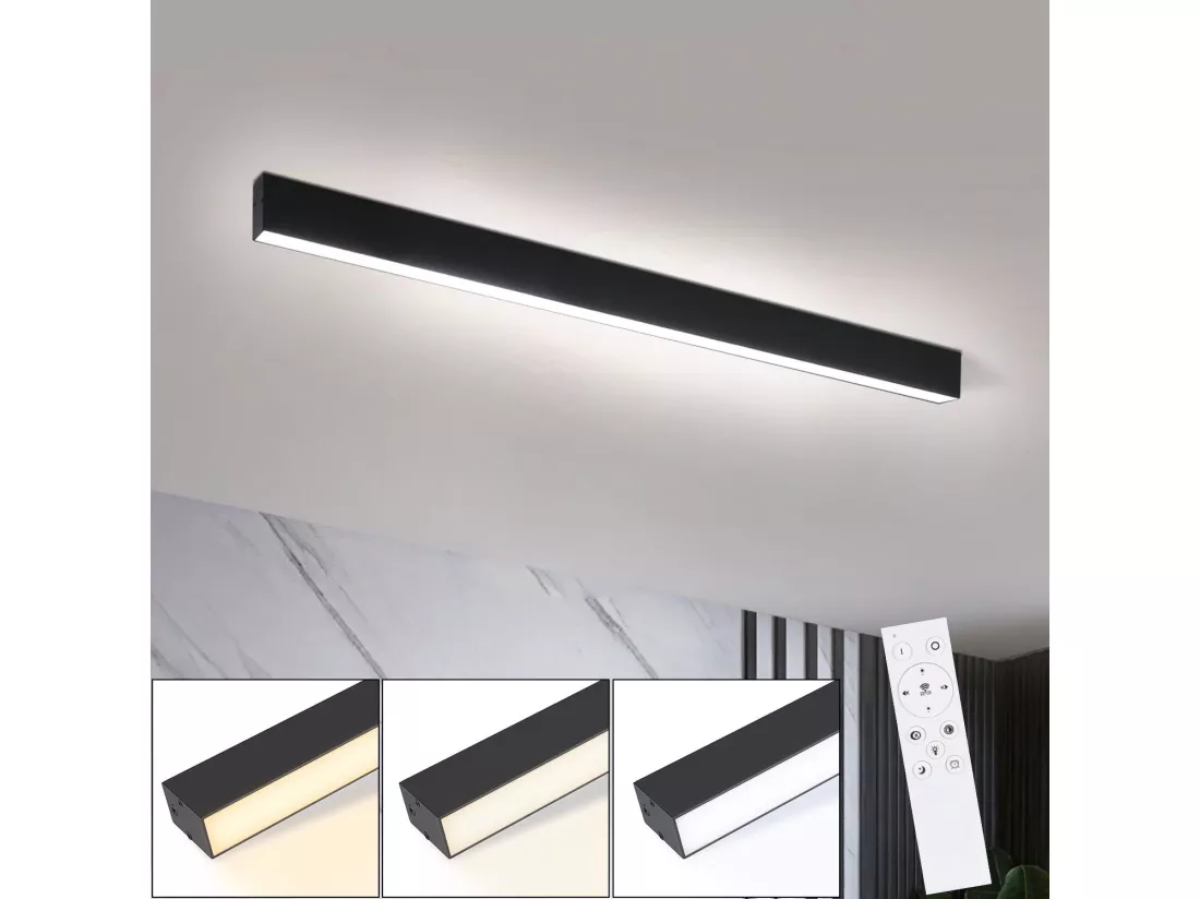 NETTLIFE Plafonnier LED Salon - Lampe 25W Noir Cuisine Long 80cm Panneau de Lampe Intensité Variable avec Télécommande Moderne pour Chambre Couloir