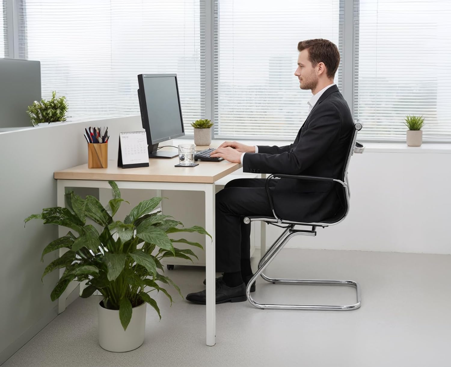 chairus Freischwinger Stühle 2er Set, PU-Leder Besucherstuhl Konferenzstuhl Ergonomisch mit Armlehnen, Bürostühle Konferenz-Raum/Wartezimmer/Büro,Schwarz