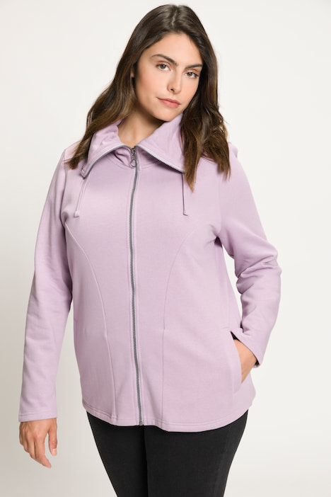 Sweatjacke, drapierter Stehkragen, Kunstleder-Details