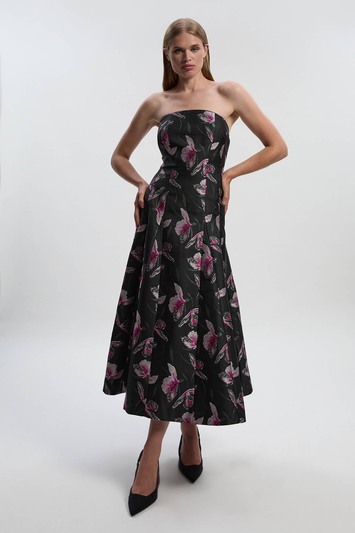 KarenMillen Robe Midi Bustier à Jupe Ample en Jacquard