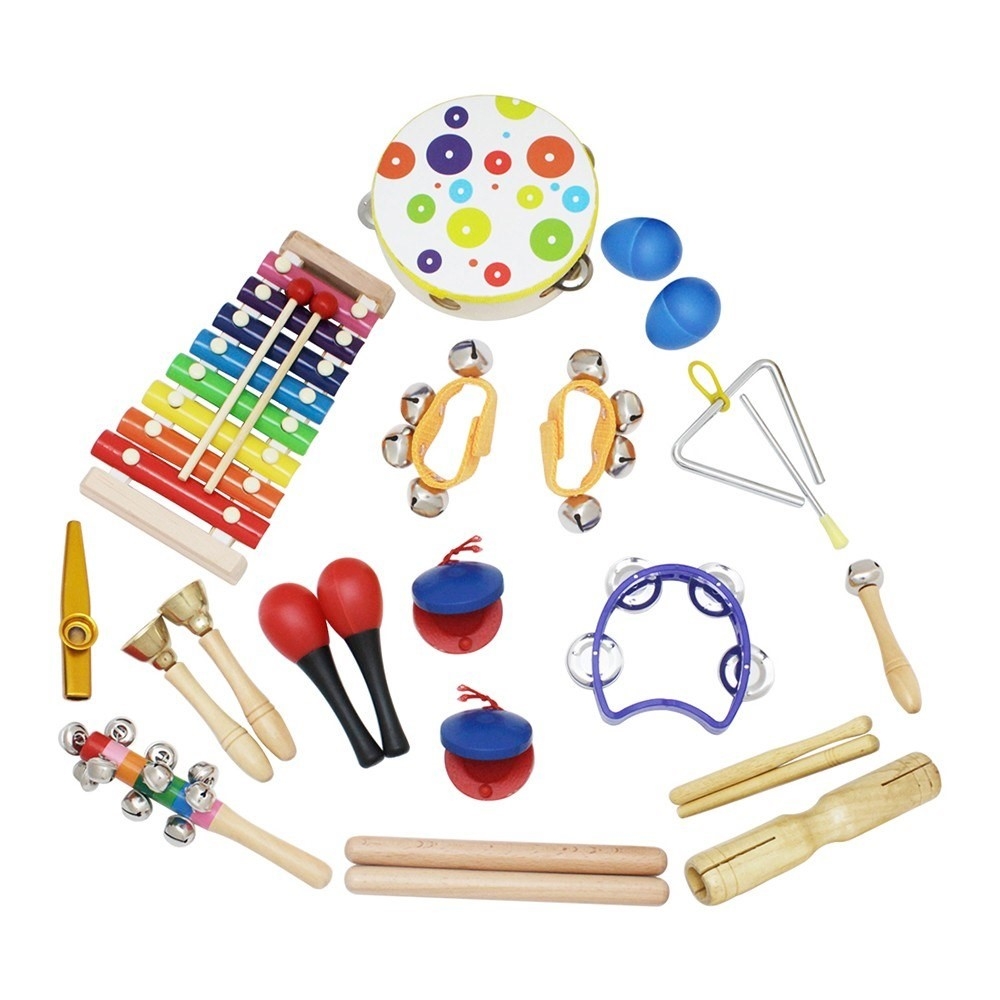 (15-tlg. Set) Kinder Spielzeug Musik Instrument Holz Set Rucksack mit Xylophon / Triangel / Rassel