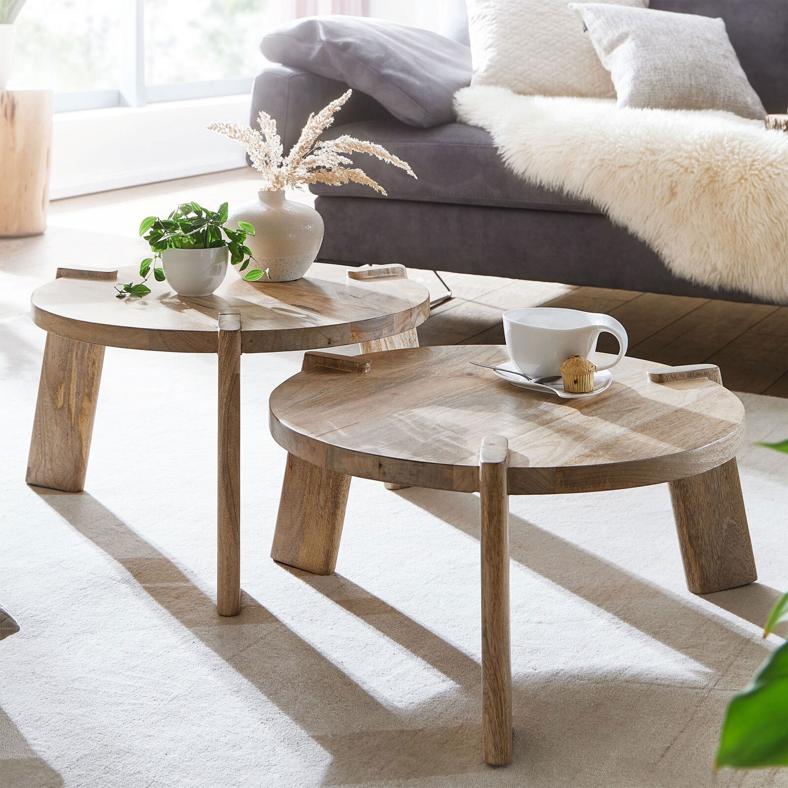 Couchtisch rund 2er Set Mango massiv 53 x 32 cm