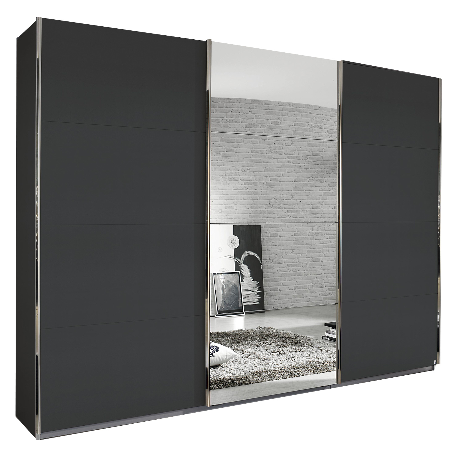 Schwebetürenschrank - grau metallic - alufarben - mit Spiegel - 271x210 cm