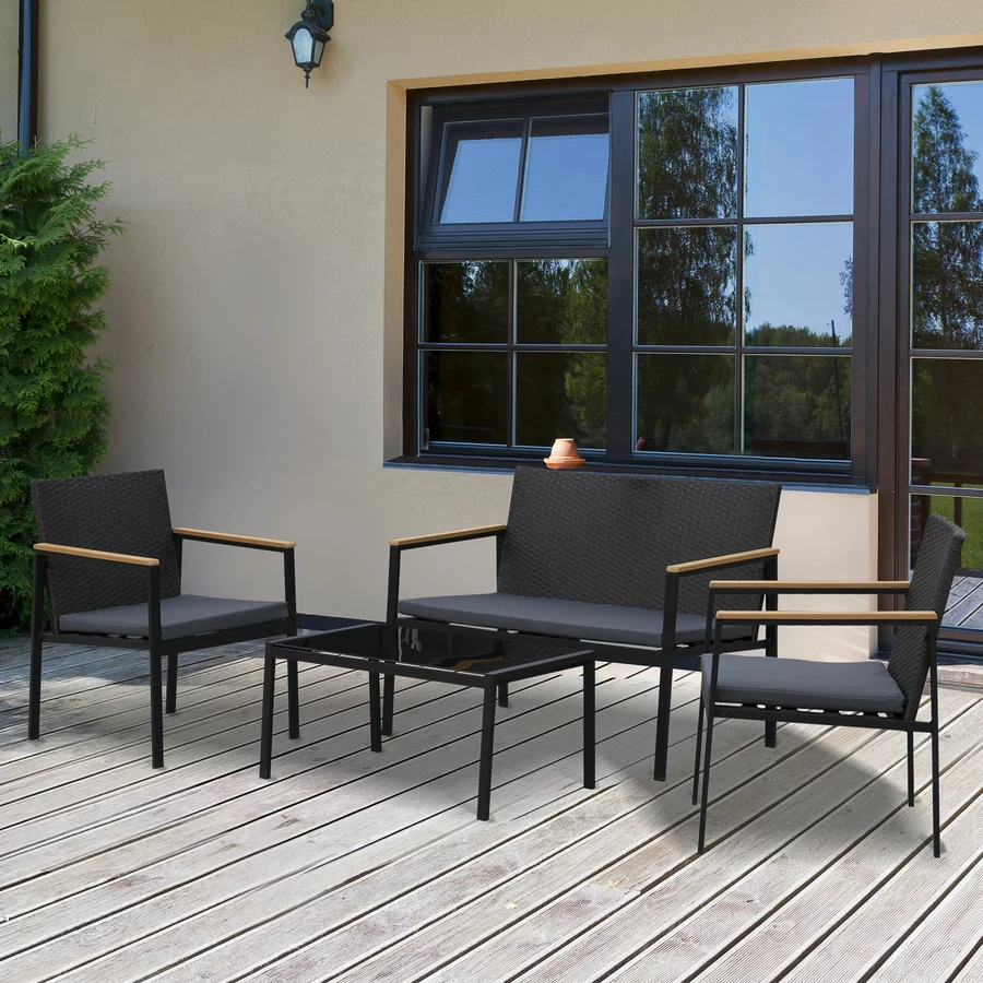 Outsunny Polyrattan Sitzgruppe als 4-teiliges Set schwarz, grau