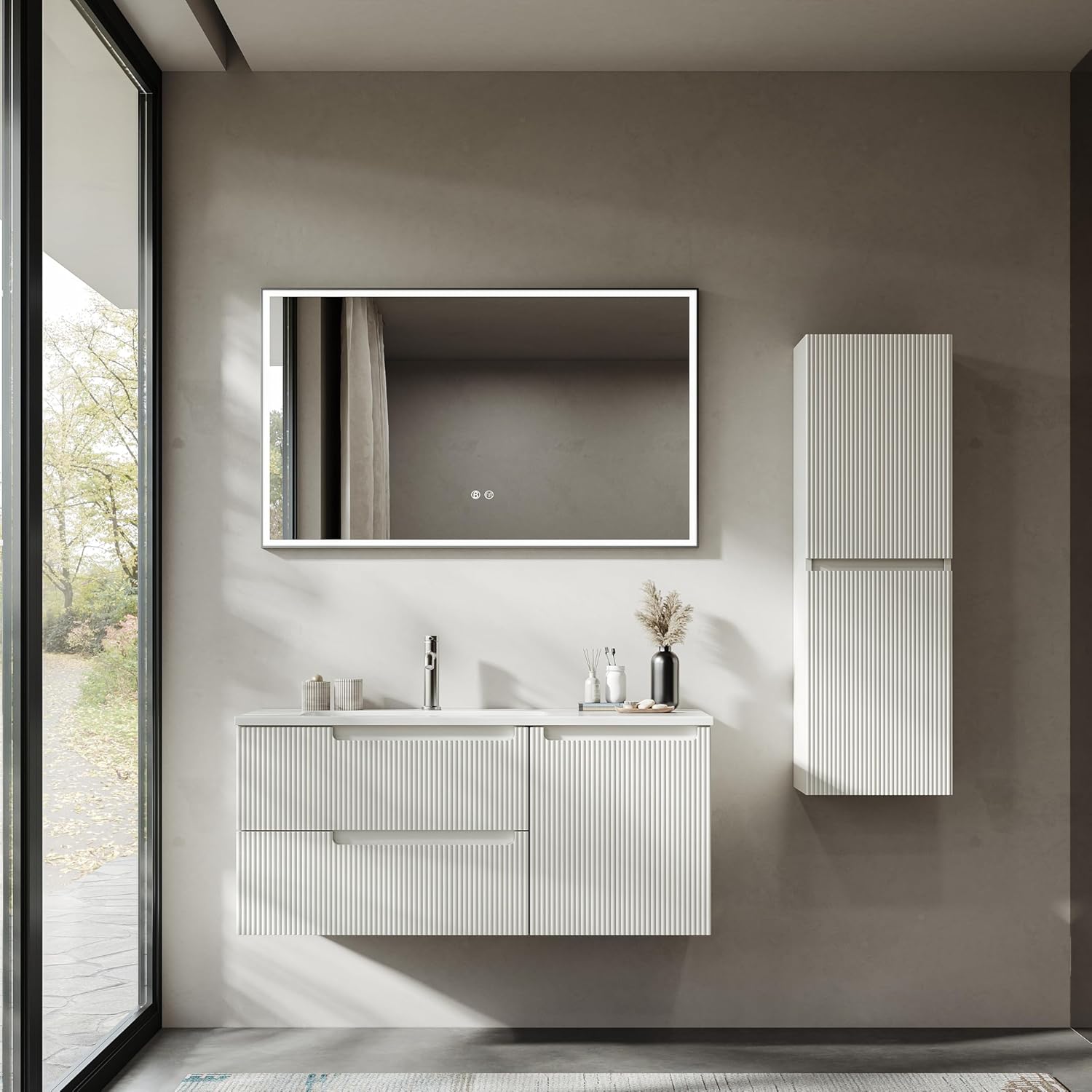 100 cm Hängeschrank Mit Mineralharzspüle, 2 Schubladen Und Tür, Ultradünn, Soft-Close, Gerippter Akzent, Geeignet Für Große Badezimmer, Weiß Matt