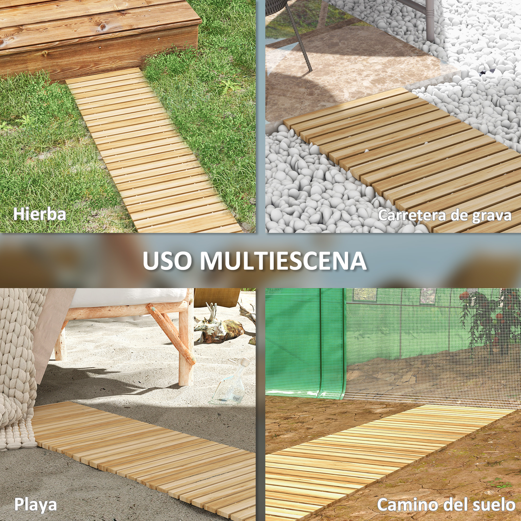 Caminho de madeira Outsunny para jardim, 120x38 cm, reto e enrolável, resistente às intempéries, decorativo, ideal para praia, casamentos e festas. Cor natural.