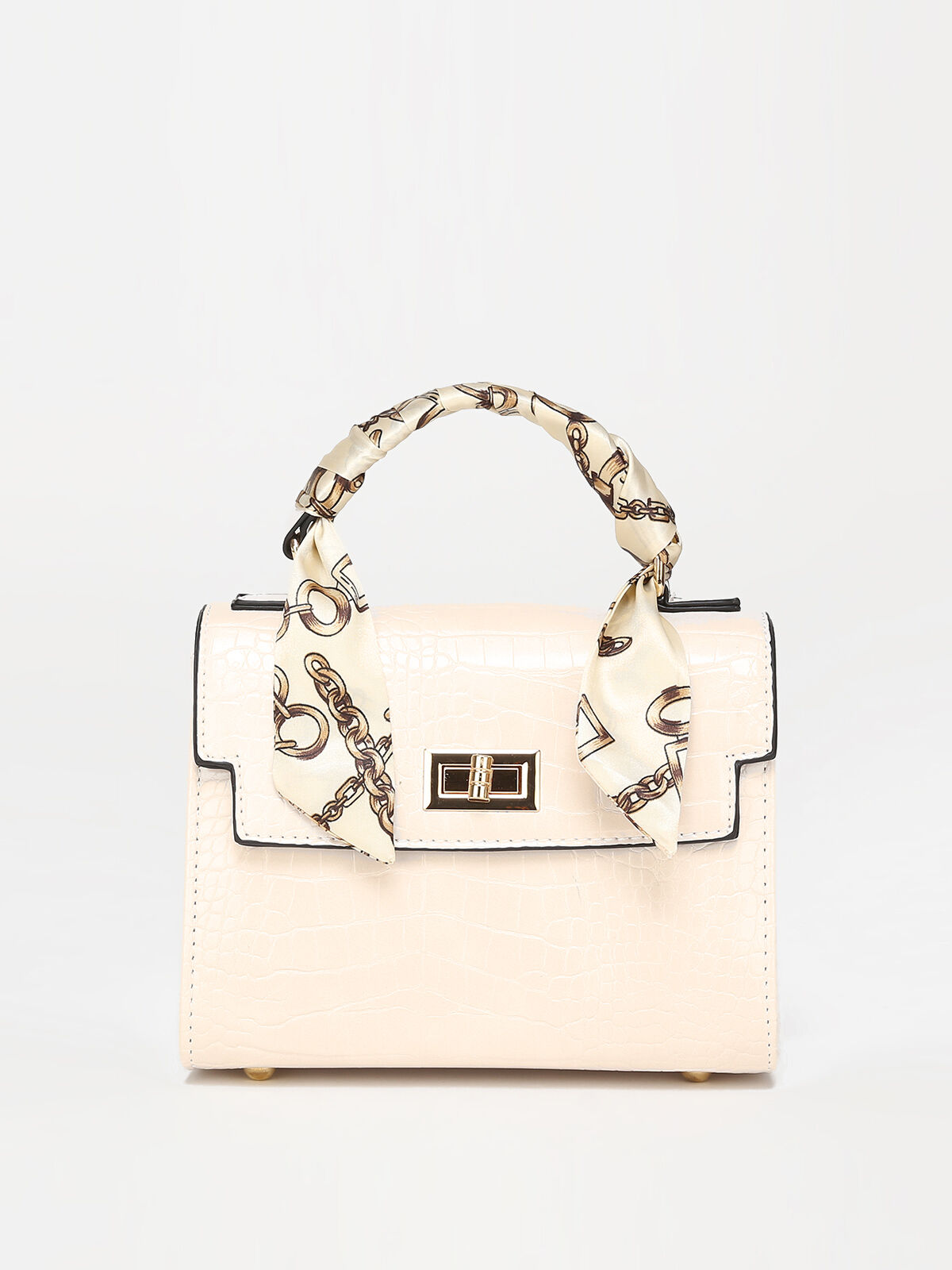 Sac à main effet croco avec foulard- Beige